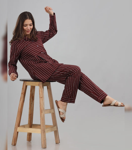 Maroon striped  half n half pj set