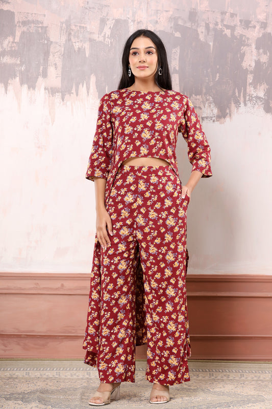 Maroon yellow floral high-low co-ord set