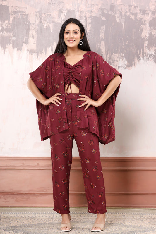 Maroon floral 3pc co-ord set