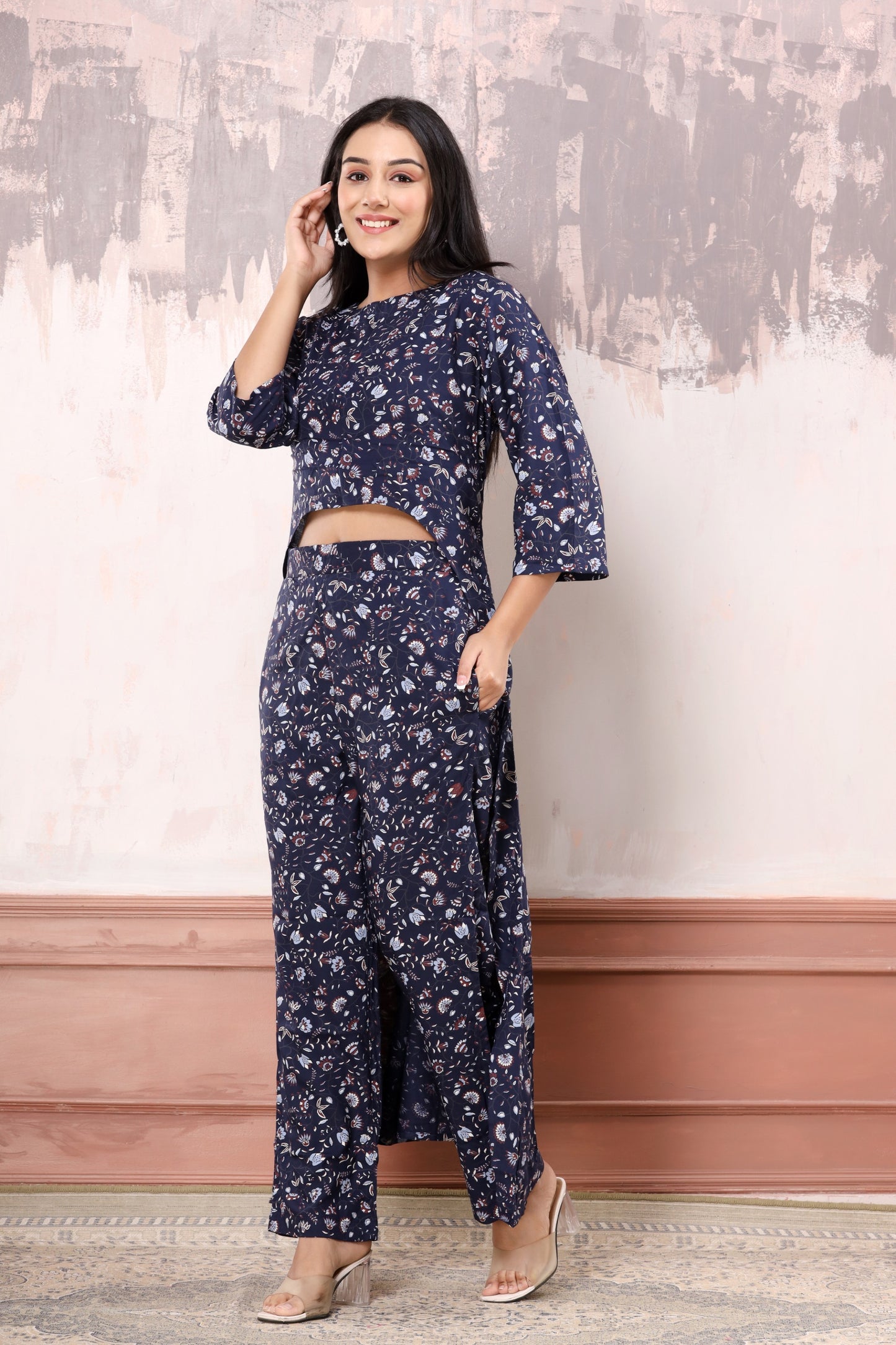 Blue floral high-low co-ord set