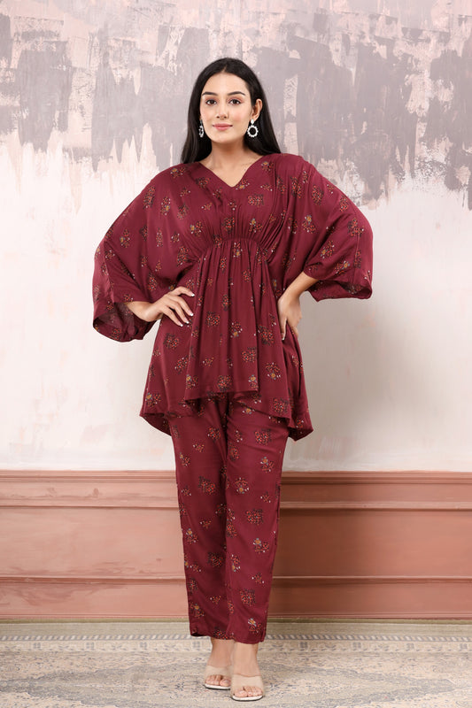 Maroon floral kaftan co-ord set