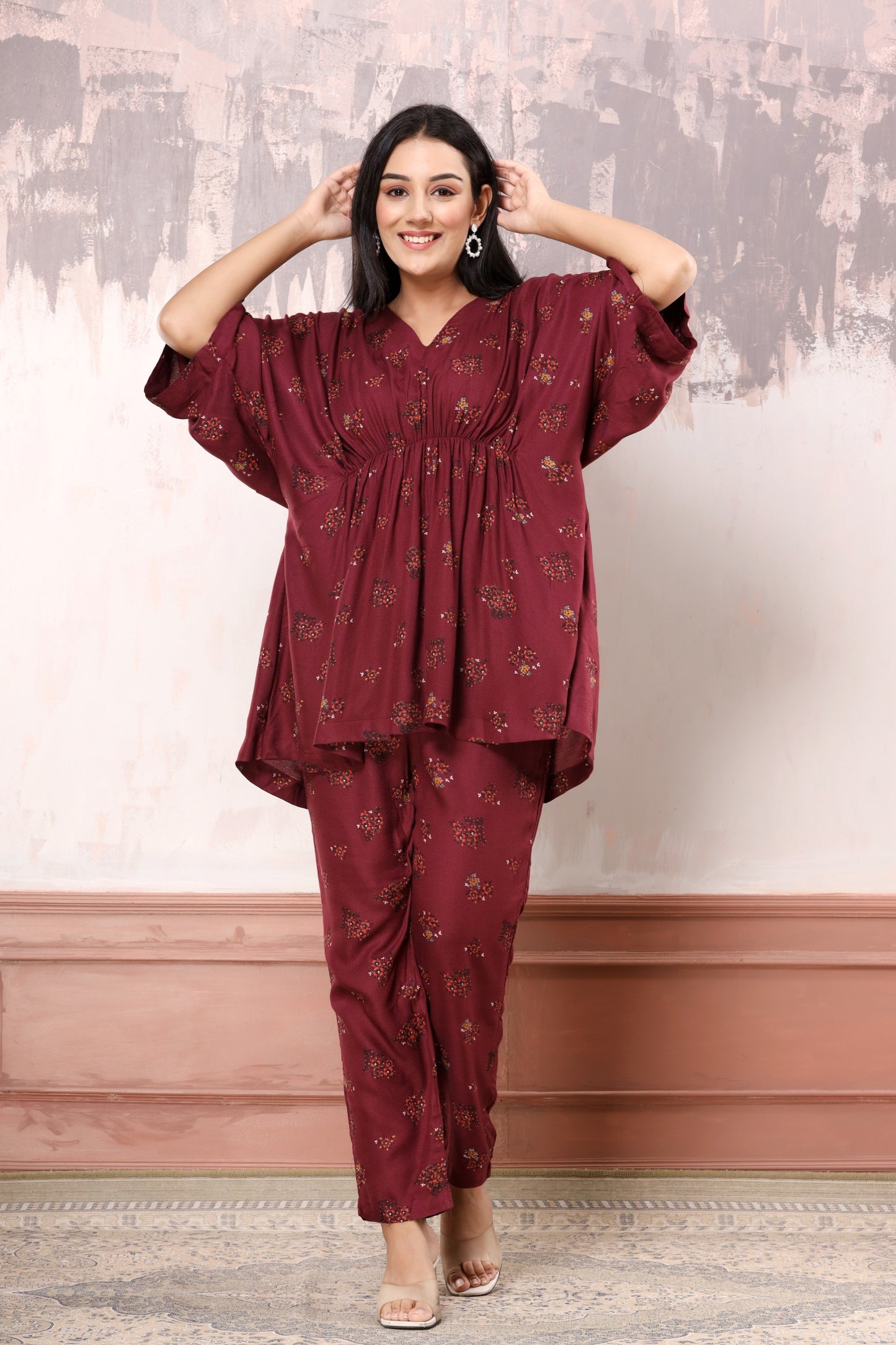 Maroon floral kaftan co-ord set