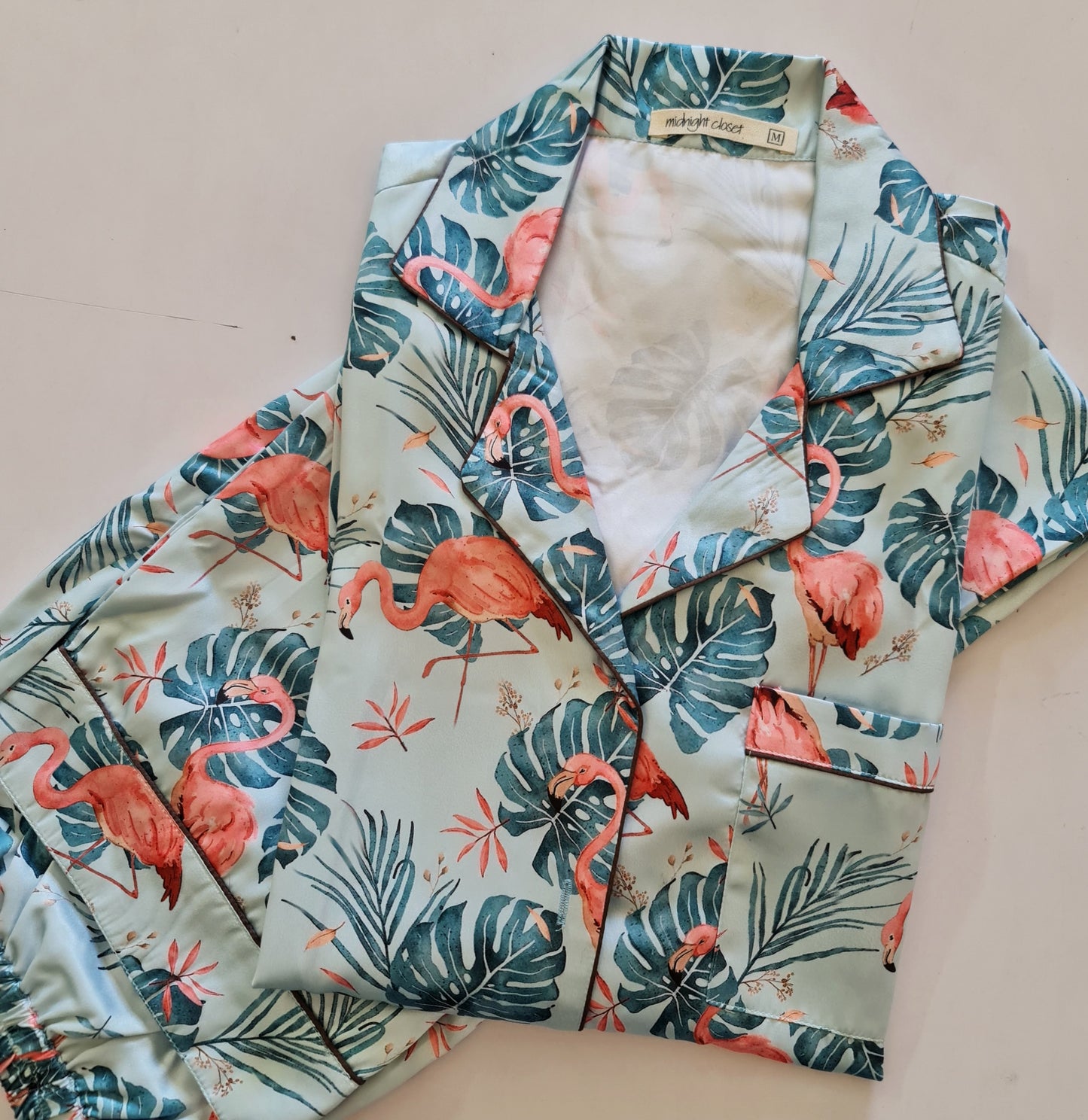 Tropical flamingo satin pj set