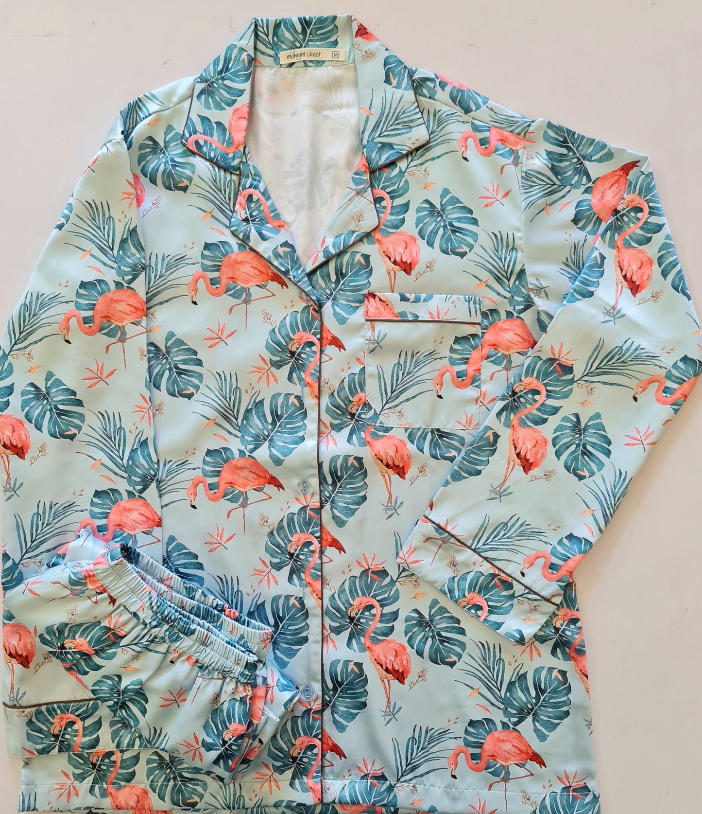 Tropical flamingo satin pj set