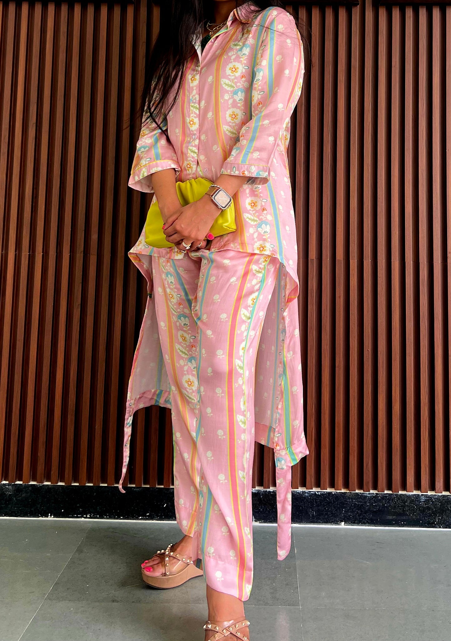 Pink floral hi-lo shirt pant set