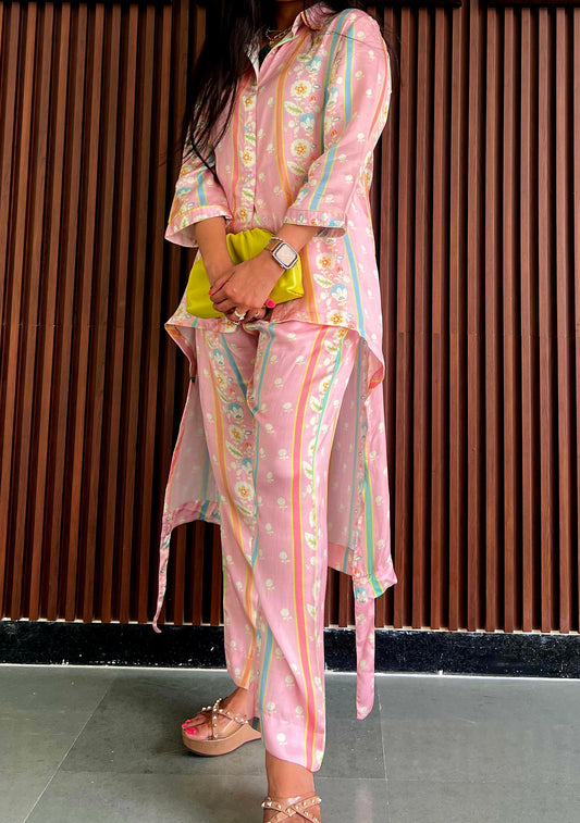 Pink floral hi-lo shirt pant set