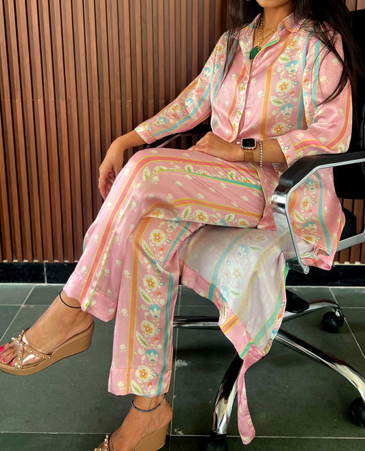 Pink floral hi-lo shirt pant set