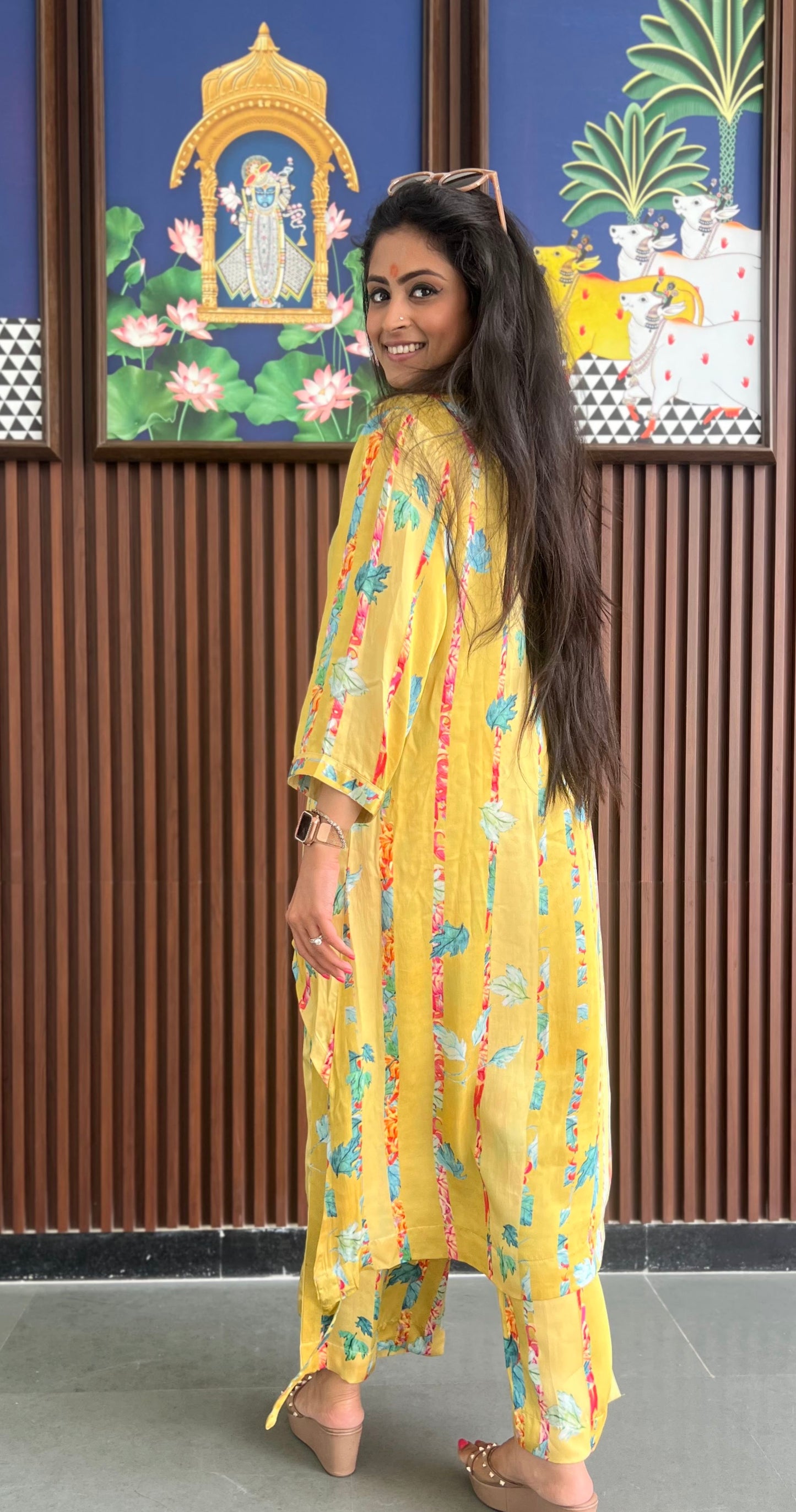 Yellow floral hi-lo shirt pant set