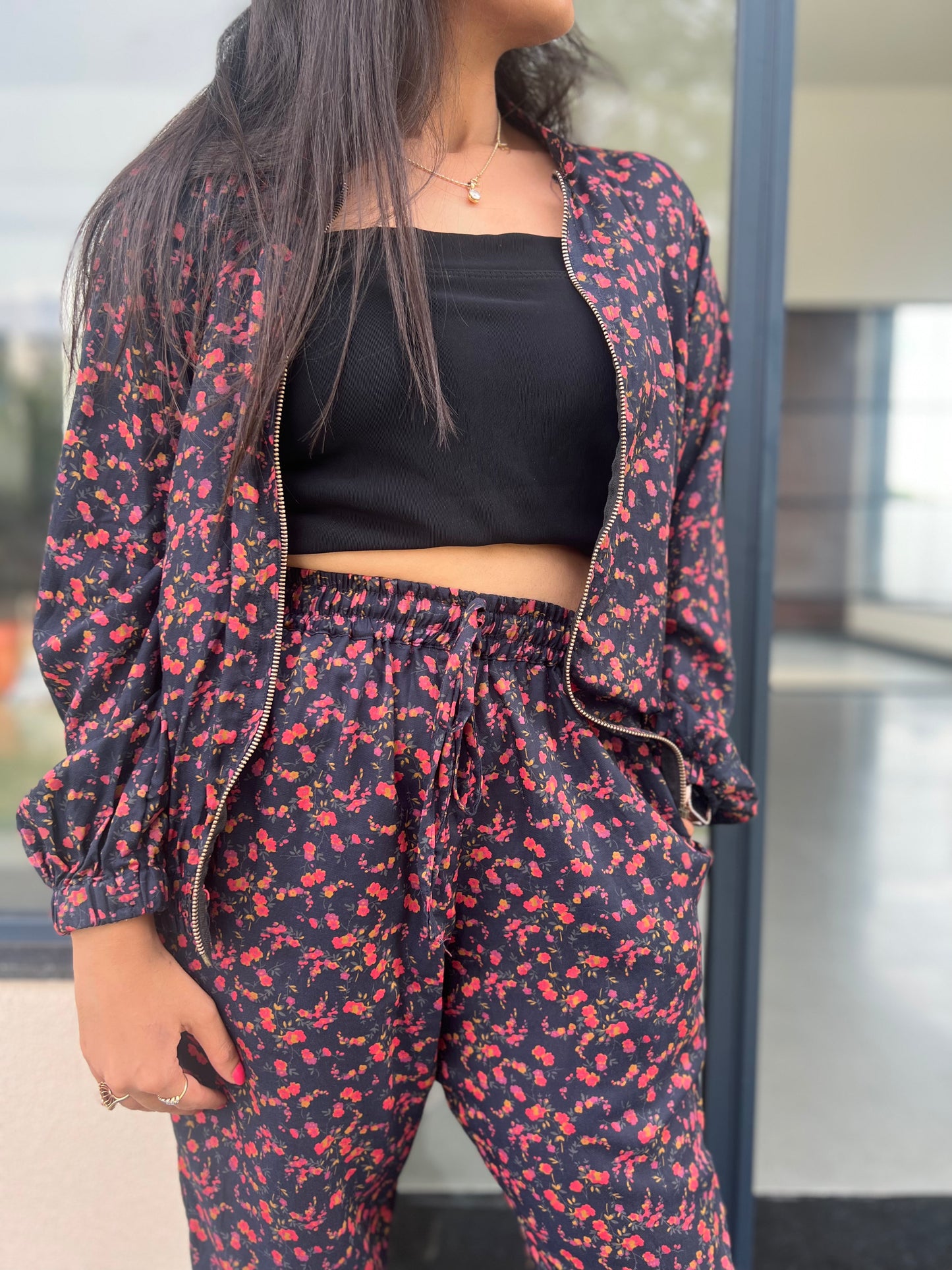 Red floral bomber set