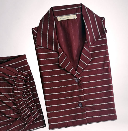 Maroon striped  half n half pj set