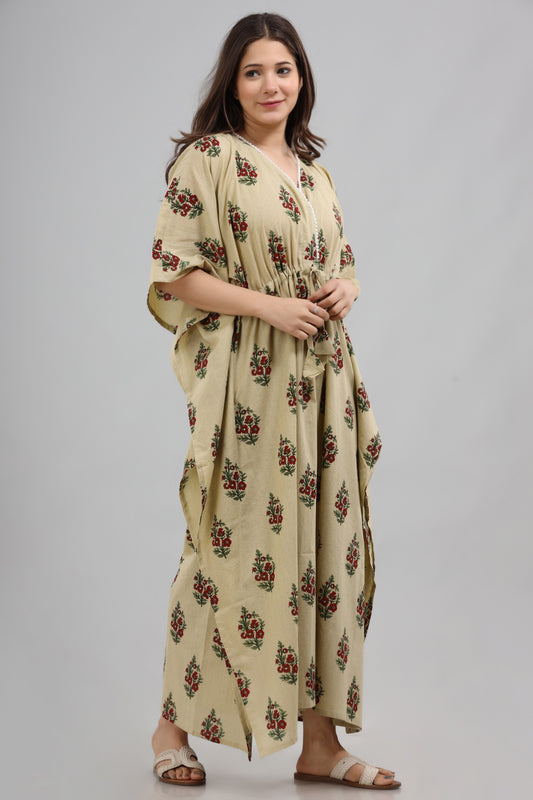 Beige red floral kaftan