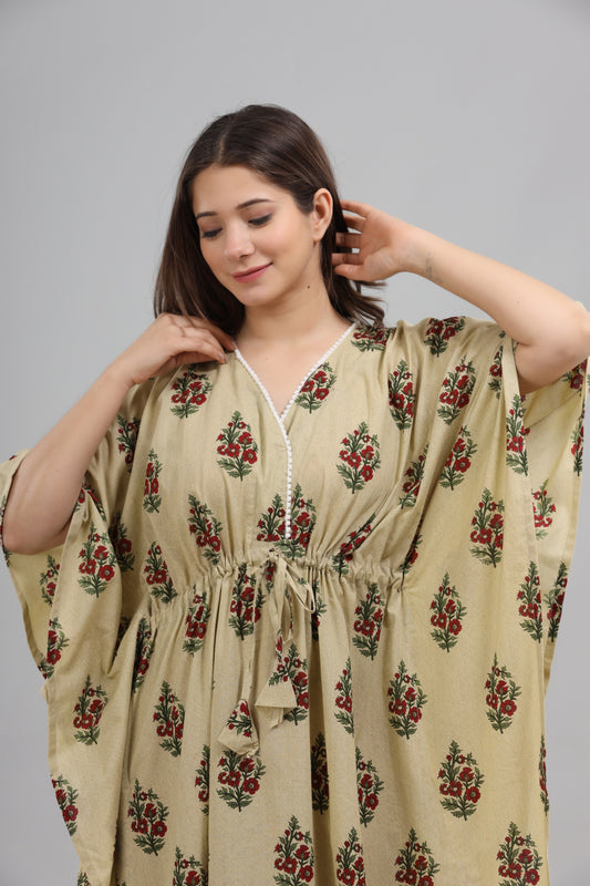 Beige red floral kaftan