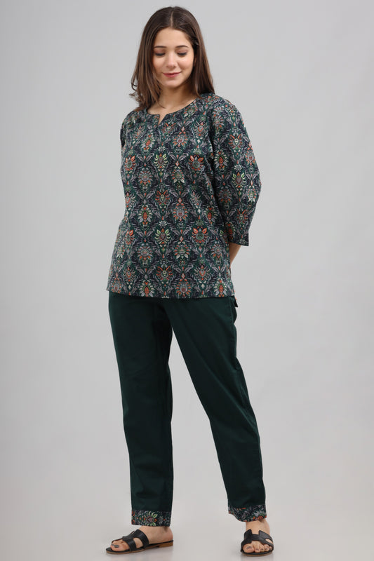 Green floral top with solid PJ loungewear