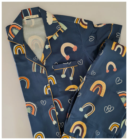 Navy blue rainbow print