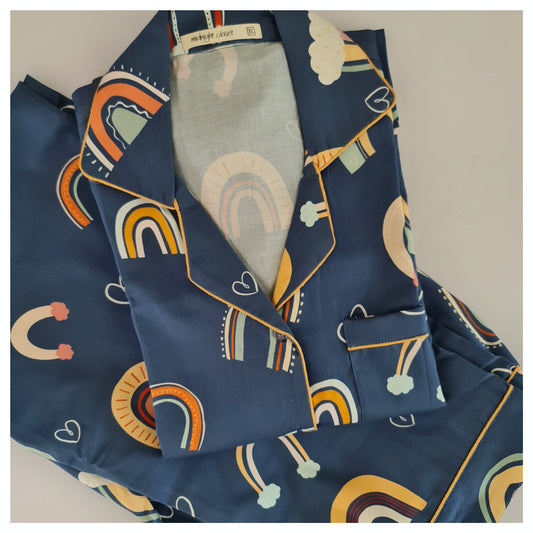 Navy blue rainbow print