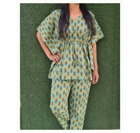 Green yellow booti kaftan top &pj