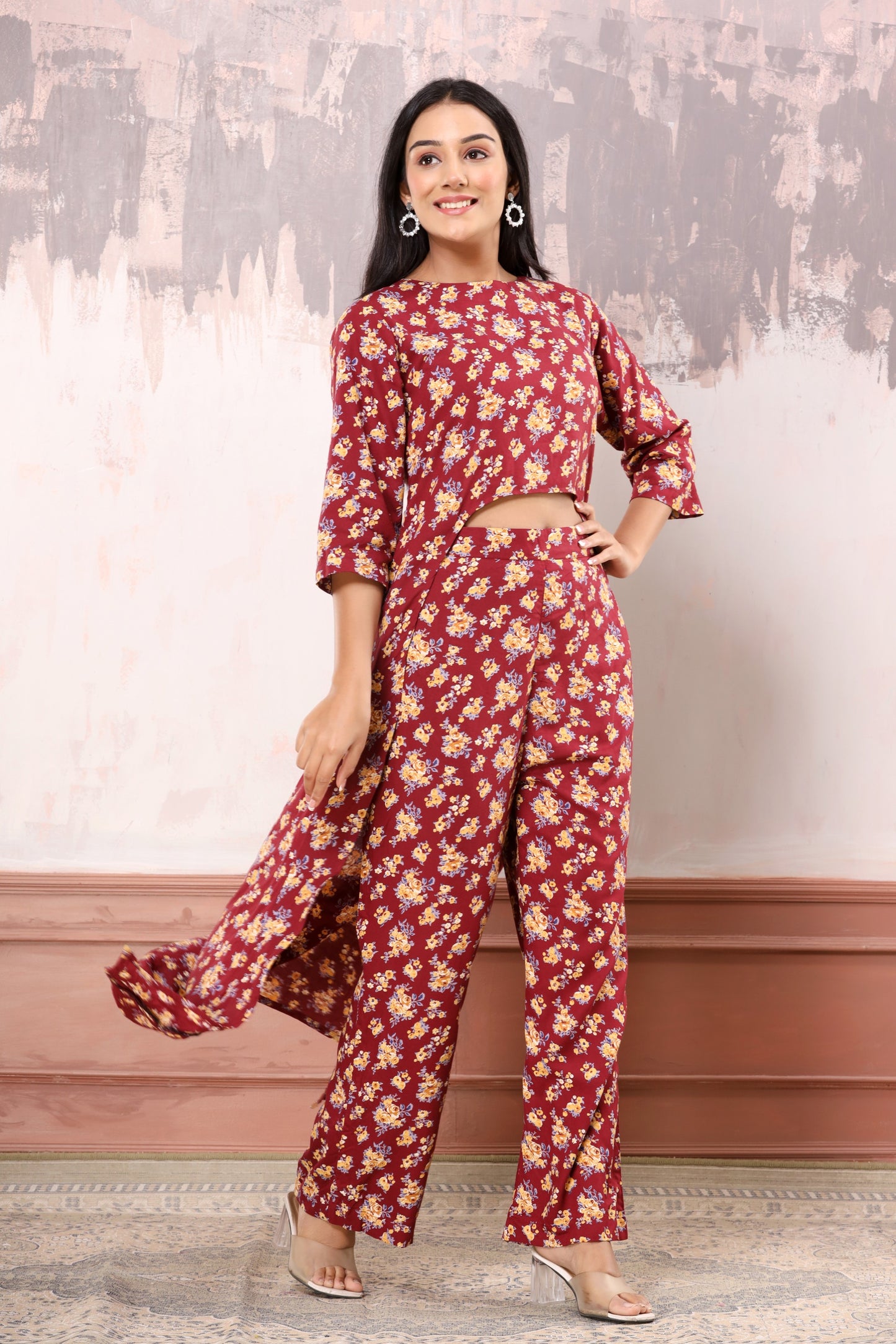 Maroon yellow floral high-low co-ord set
