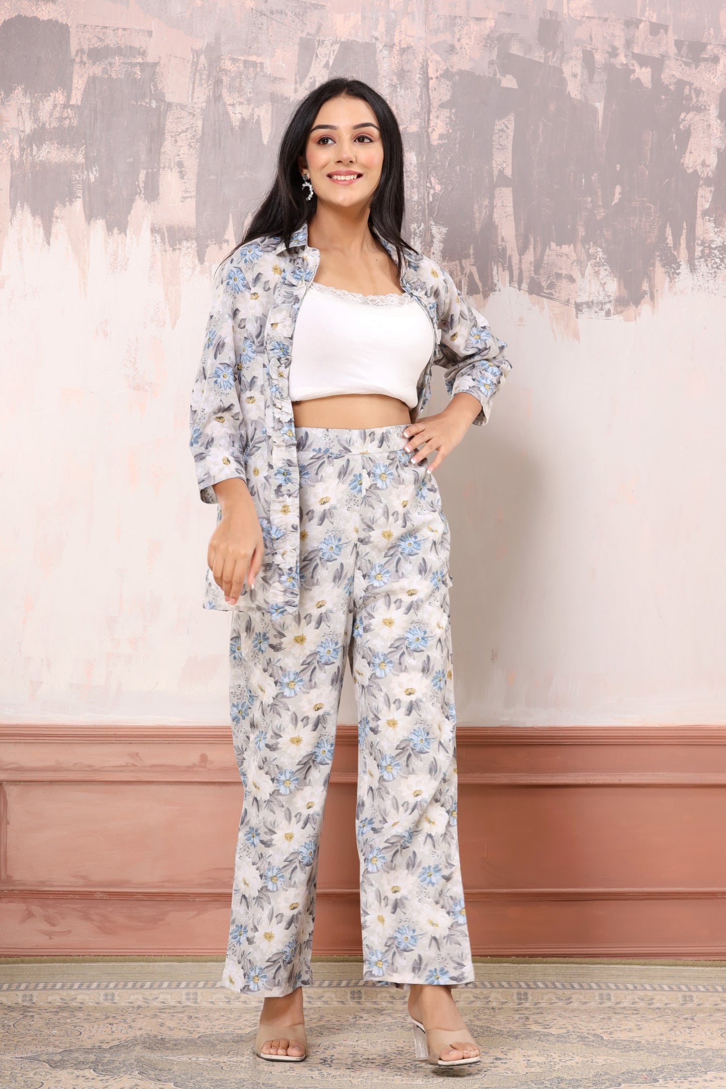 Light blue floral linen co-ord set