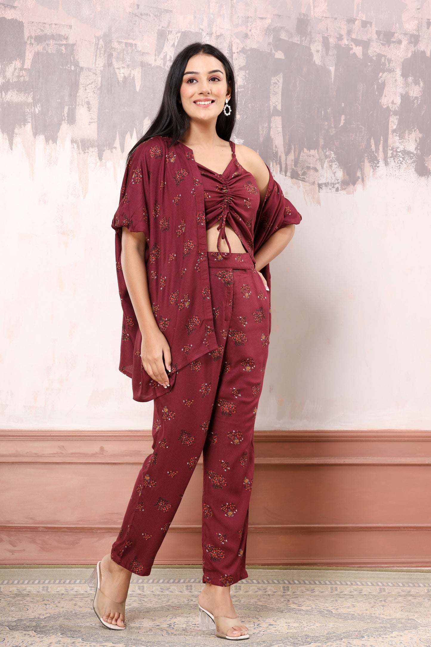 Maroon floral 3pc co-ord set